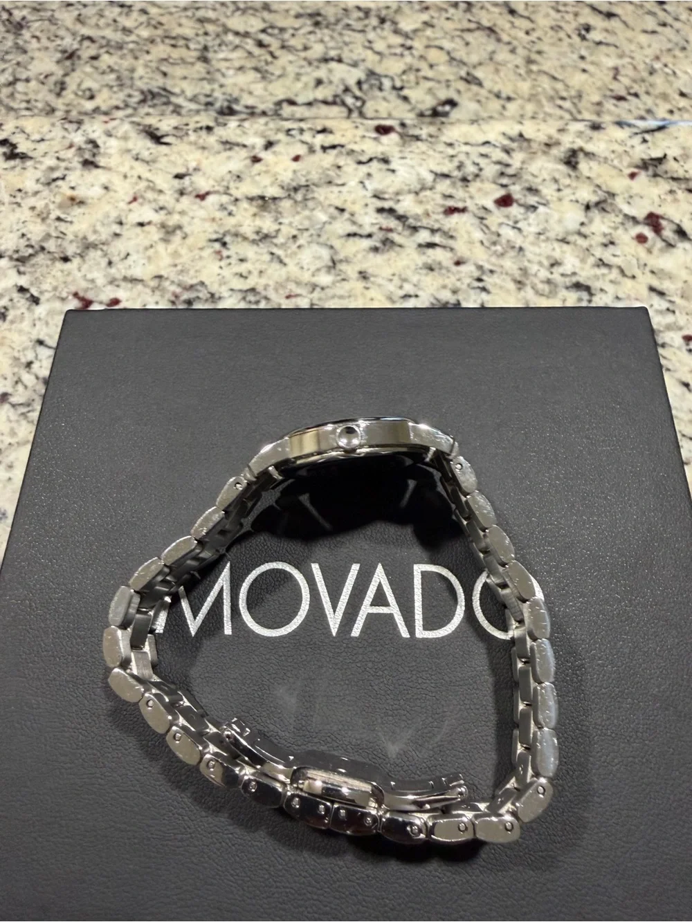 Movado Silver Bracelet Watch with Black Dial